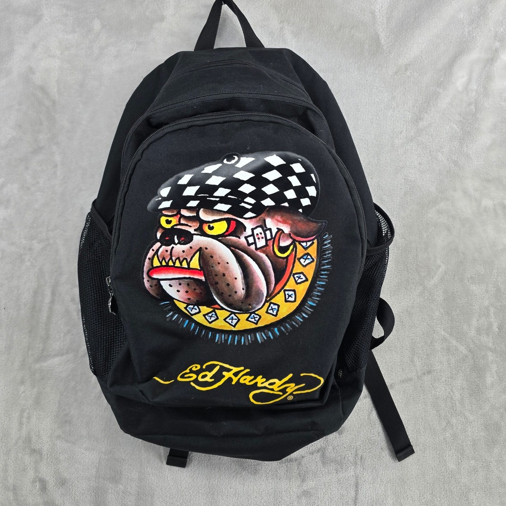 Ed Hardy Bulldog Checker Hat Backpack Black‎ Y2K Graphic Skull Zipper Pull
